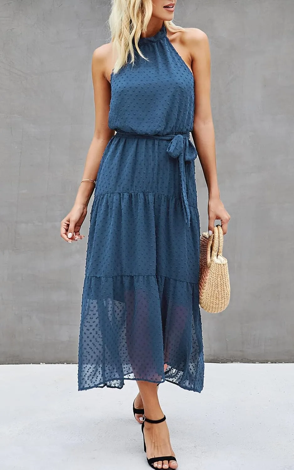 PRETTYGARDEN Women’s Halter Neck Floral Long Maxi Dress Casual Sleeveless Backless Dresses Loose Ruffle Sundress with Belt