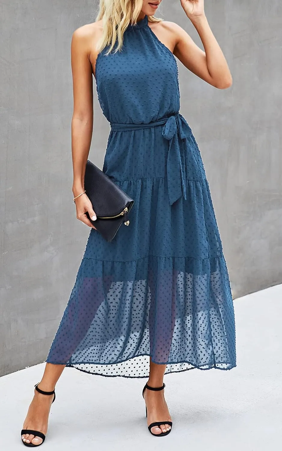 PRETTYGARDEN Women’s Halter Neck Floral Long Maxi Dress Casual Sleeveless Backless Dresses Loose Ruffle Sundress with Belt