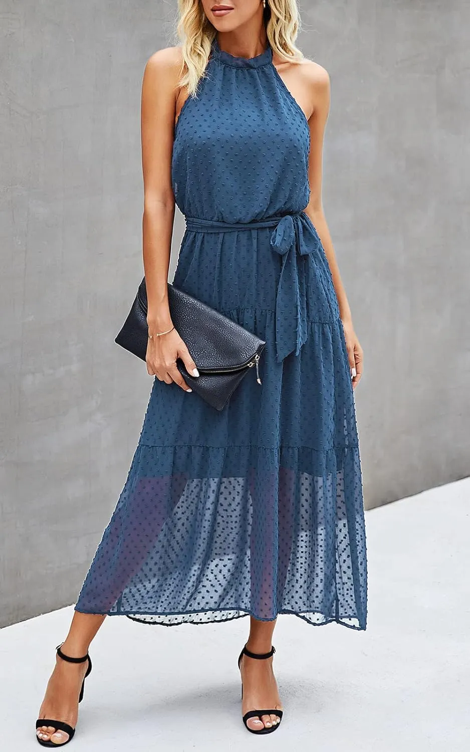 PRETTYGARDEN Women’s Halter Neck Floral Long Maxi Dress Casual Sleeveless Backless Dresses Loose Ruffle Sundress with Belt