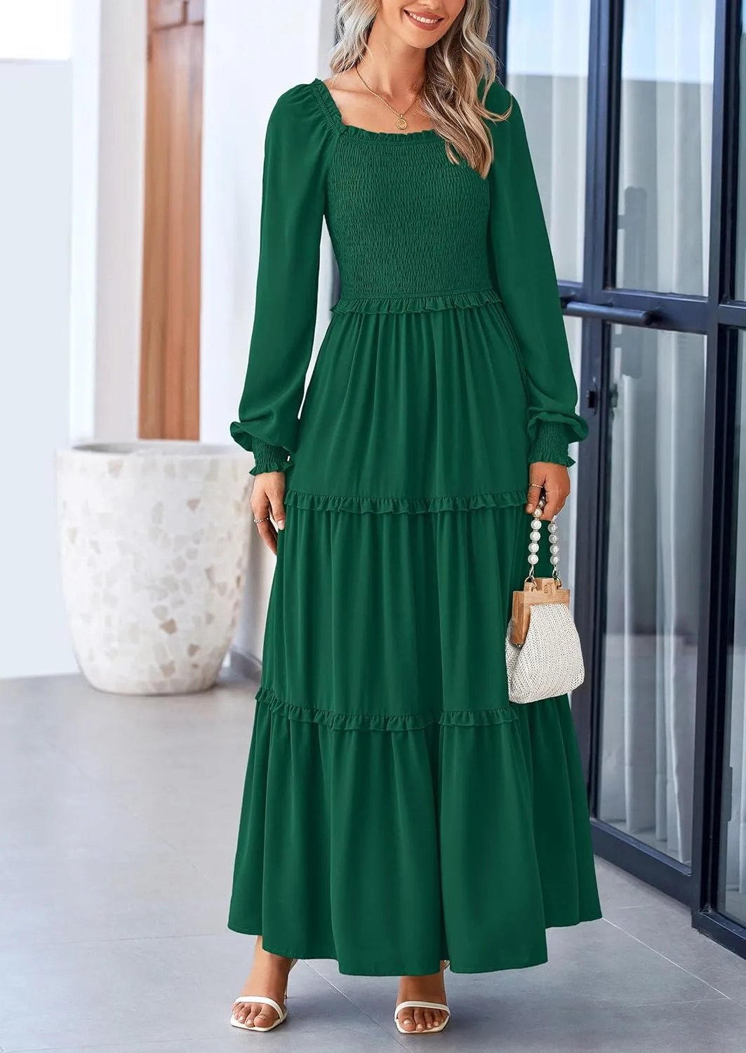 PRETTYGARDEN Women's Smocked Spring Maxi Dress Casual Fall Long Sleeve Square Neck Tiered A Line Flowy Dresses with Pockets