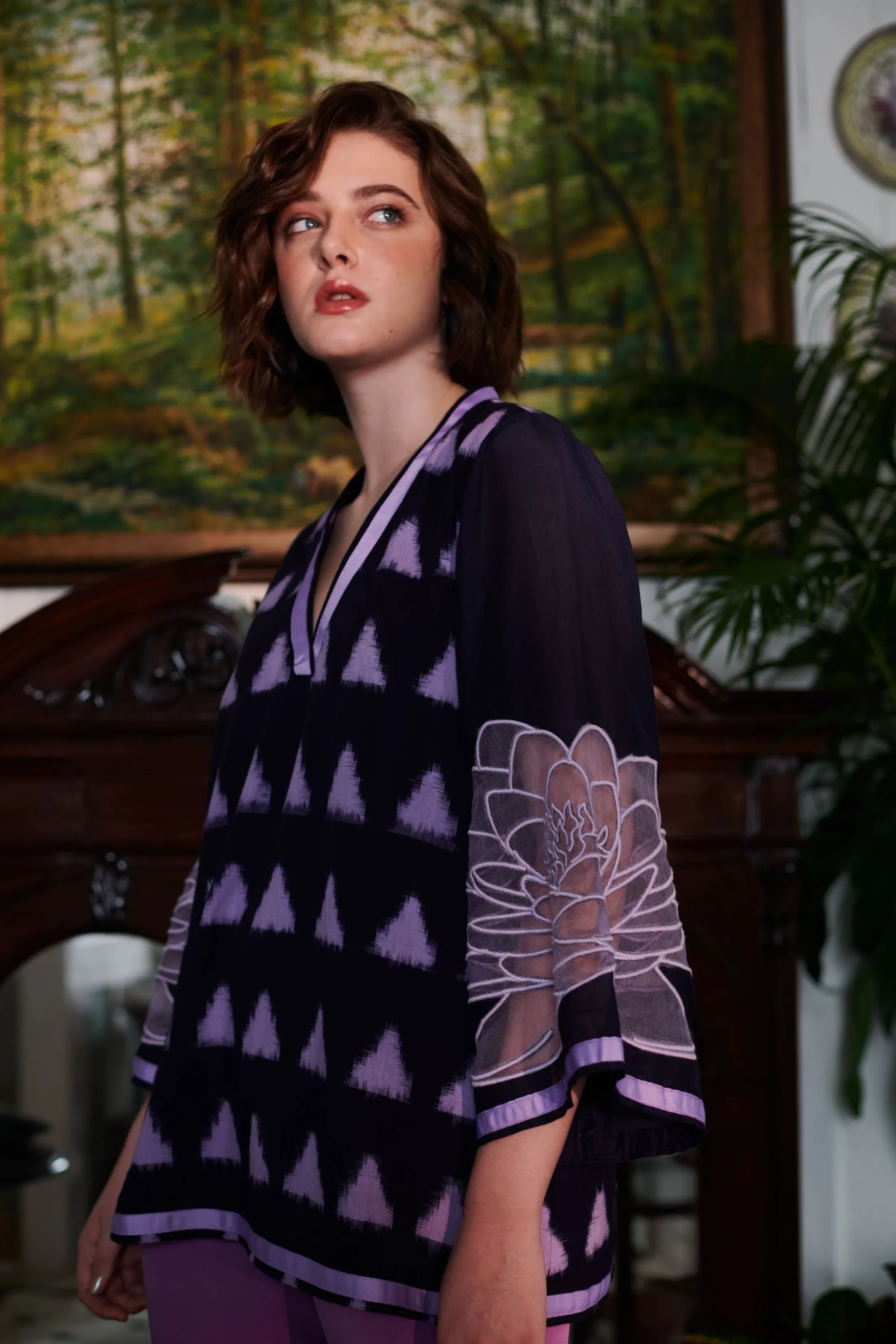 Pure Cotton Ikat Embroidered Sleeves Lilac Top