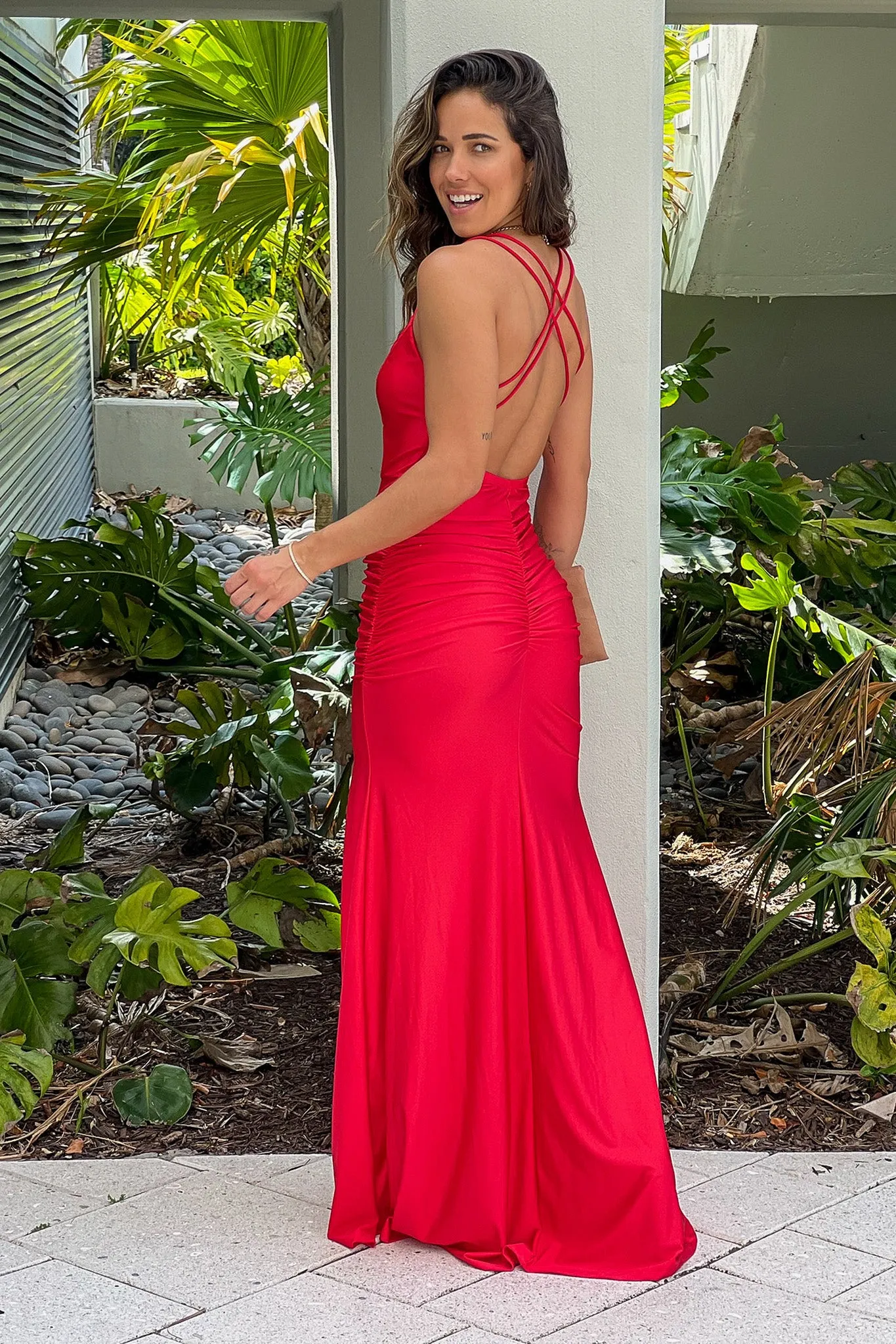 Red Ruched Maxi Dress With Slit