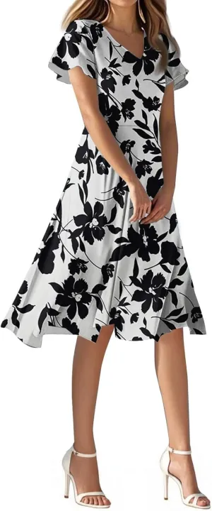 Sexy Dresses for Women Date Night V Neck Boho Knee Length Summer 2025 Tie Dye Floral Short Sleeve Short Skirt
