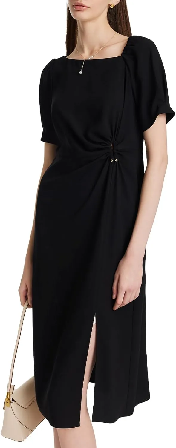 Summer Black Mini Dress for Women Casual V-Neck Short Sleeve Patchwork Pleated A-line Dresses for Wedding Guest Dress