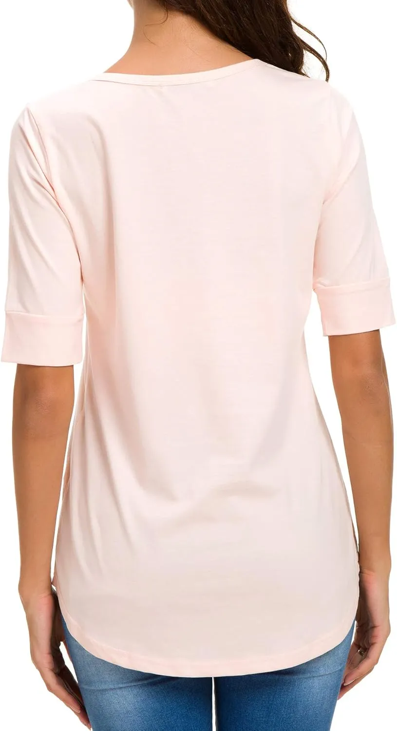 Summer Tops for Women Fashion Loose Fitting Mid Sleeve Crewneck Cotton T Shirts