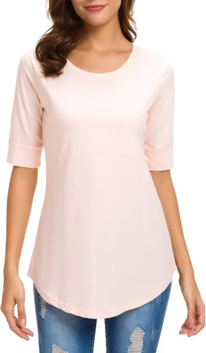 Summer Tops for Women Fashion Loose Fitting Mid Sleeve Crewneck Cotton T Shirts