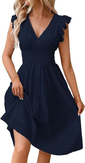 Vacation Dresses for Women 2025 Ruffle Sleeve V Neck Eyelet Lace Embroidery Midi Dress Smocked Empire Waist A Line Dress