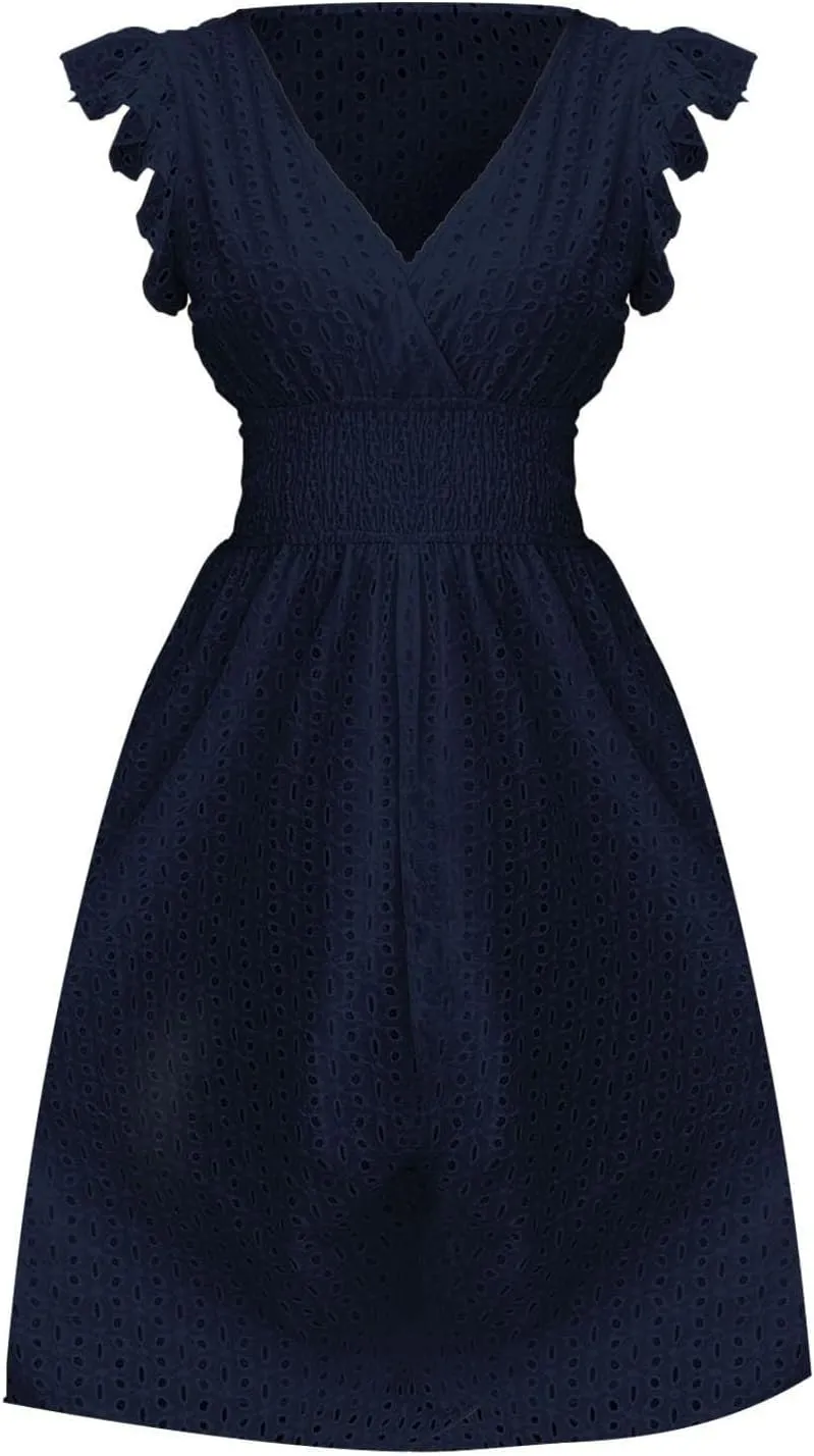 Vacation Dresses for Women 2025 Ruffle Sleeve V Neck Eyelet Lace Embroidery Midi Dress Smocked Empire Waist A Line Dress