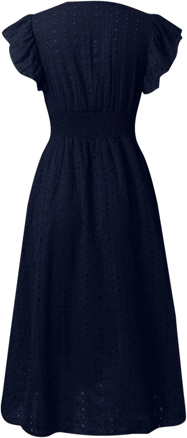 Vacation Dresses for Women 2025 Ruffle Sleeve V Neck Eyelet Lace Embroidery Midi Dress Smocked Empire Waist A Line Dress