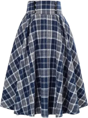 Vintage Pleated Plaid Skirt Autumn Winter High Waist Midi Skirts Button Decoration Plus Size Skirt