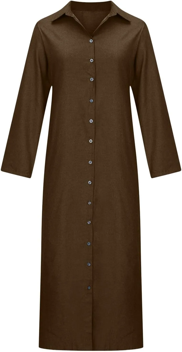 Women Casual Button Shirt Dress Long Sleeve Maxi Blouse Dresses Lapel Flowy Summer Beach Long Dress with Pockets
