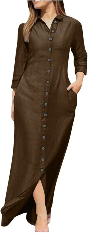 Women Casual Button Shirt Dress Long Sleeve Maxi Blouse Dresses Lapel Flowy Summer Beach Long Dress with Pockets