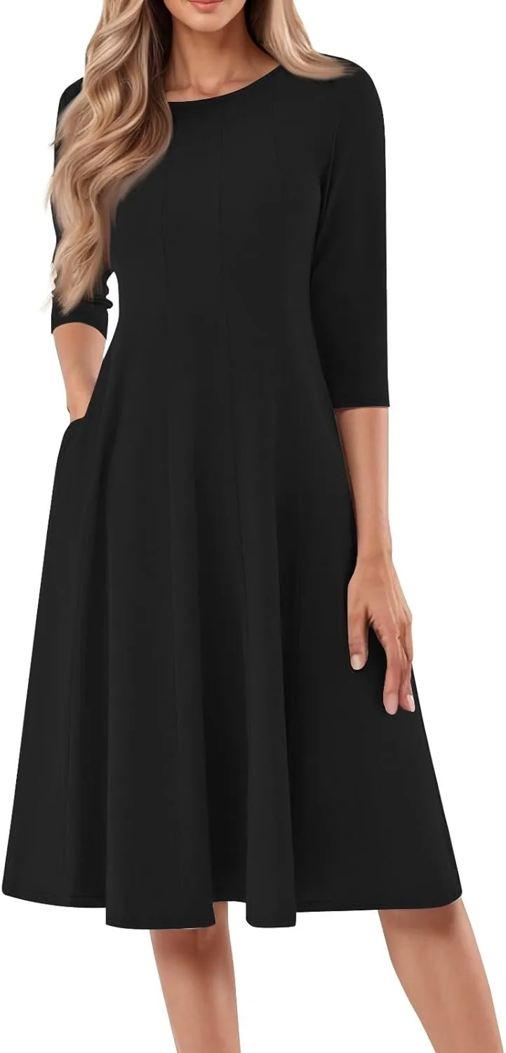 Women Dresses Formal for Church Summer Spring Solid Flowy Vintage 3/4 Sleeve Midi Casual Swing