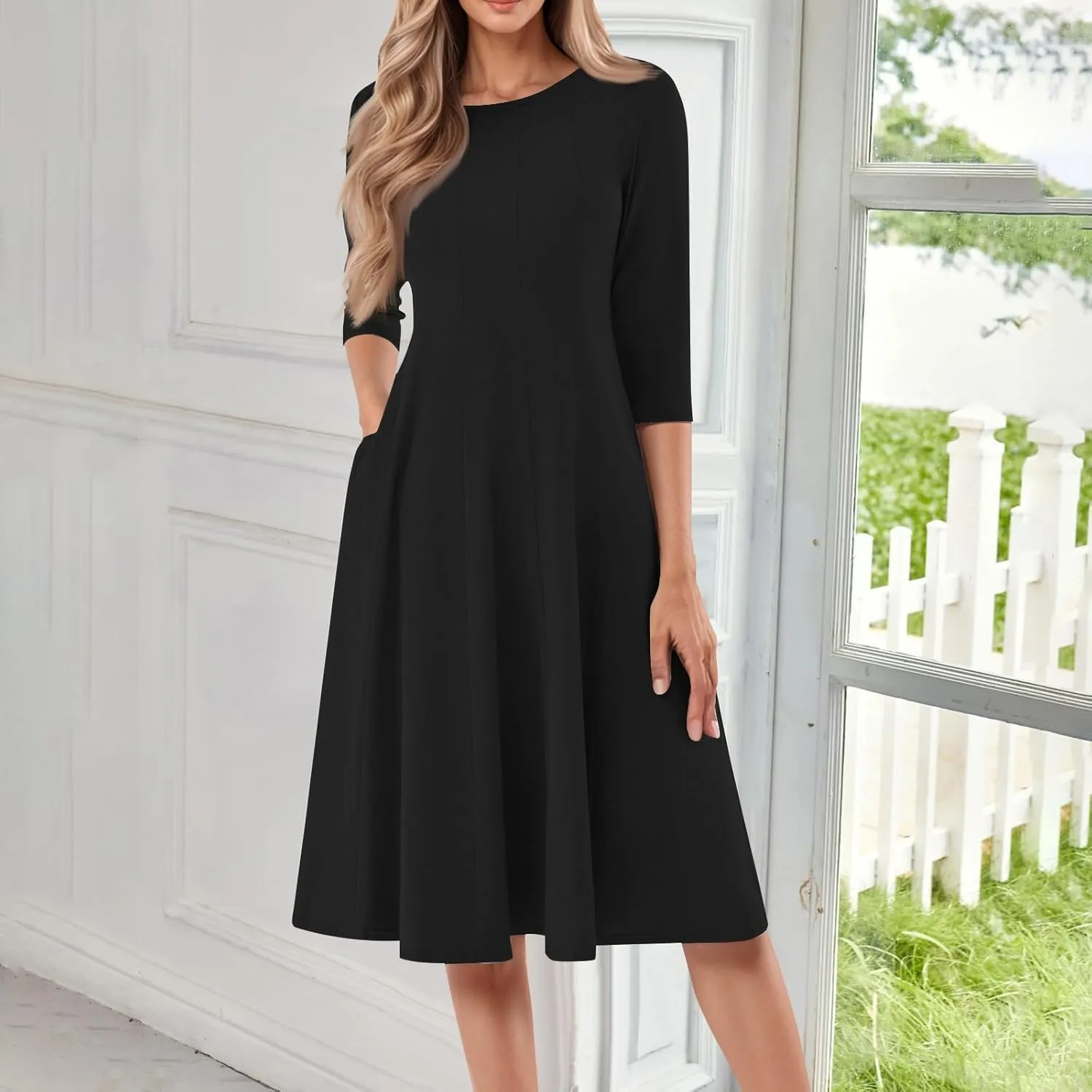 Women Dresses Formal for Church Summer Spring Solid Flowy Vintage 3/4 Sleeve Midi Casual Swing