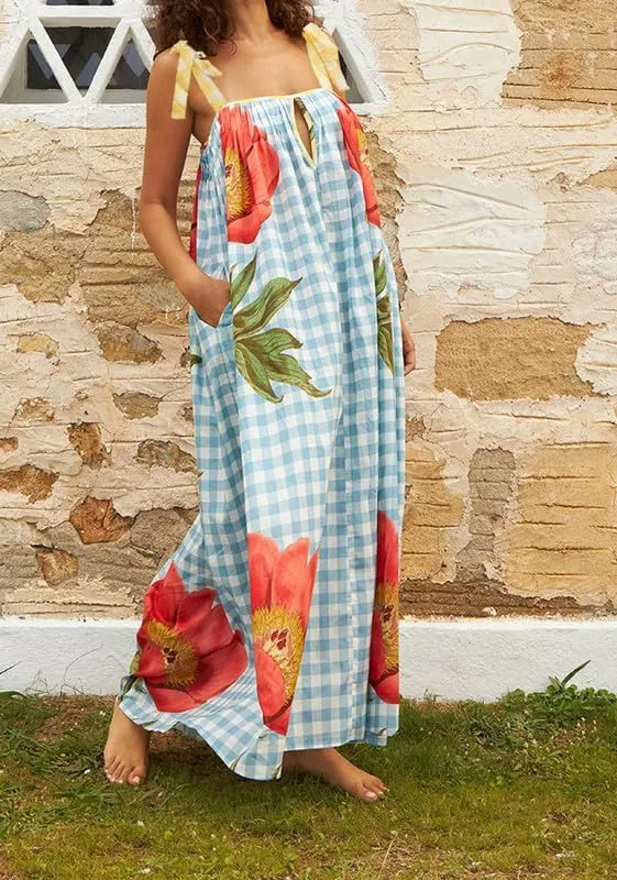 Women Tie Shoulder Graphic Boho Maxi Dress Sleeveless Flowy Tiered A Line Dress Summer Vocation Graffiti Sundress