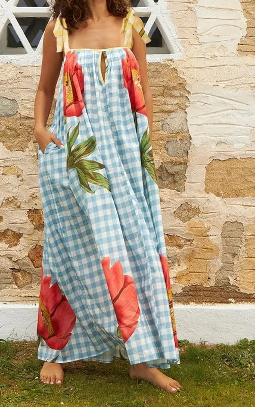 Women Tie Shoulder Graphic Boho Maxi Dress Sleeveless Flowy Tiered A Line Dress Summer Vocation Graffiti Sundress