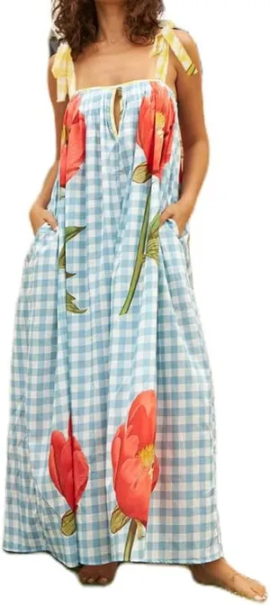 Women Tie Shoulder Graphic Boho Maxi Dress Sleeveless Flowy Tiered A Line Dress Summer Vocation Graffiti Sundress