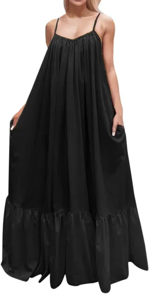 Women's 2025 Summer Sleeveless Dress Square Neck Pleated Swing Casual Maxi Dresses with Pockets