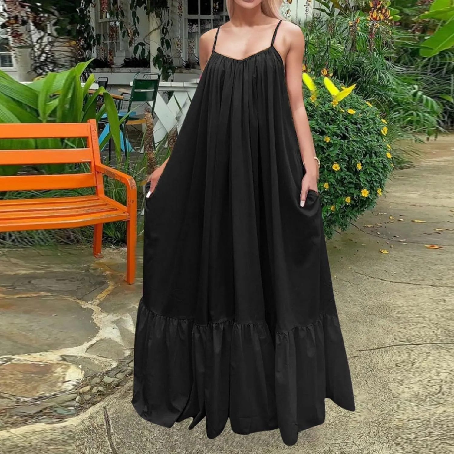 Women's 2025 Summer Sleeveless Dress Square Neck Pleated Swing Casual Maxi Dresses with Pockets