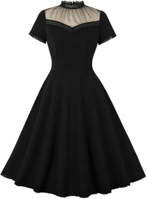 Women's Black Retro Casual Swing Dress Stand Collar Lace Maxi Summer Party Evening Dresses