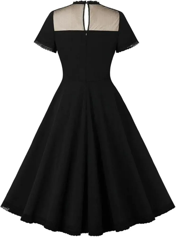 Women's Black Retro Casual Swing Dress Stand Collar Lace Maxi Summer Party Evening Dresses