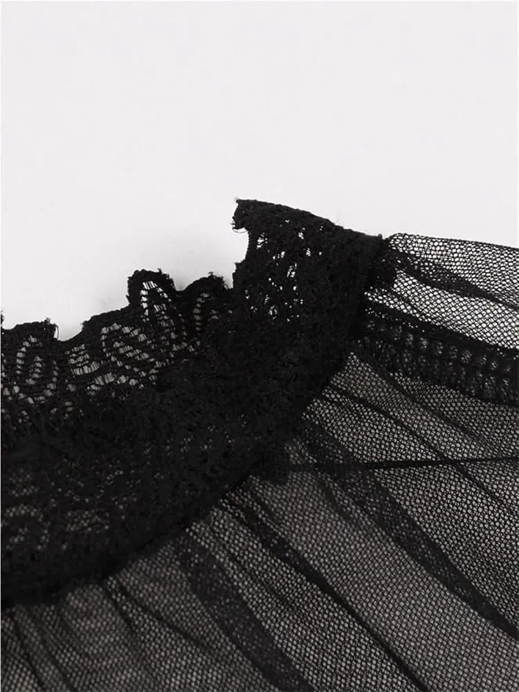 Women's Black Retro Casual Swing Dress Stand Collar Lace Maxi Summer Party Evening Dresses