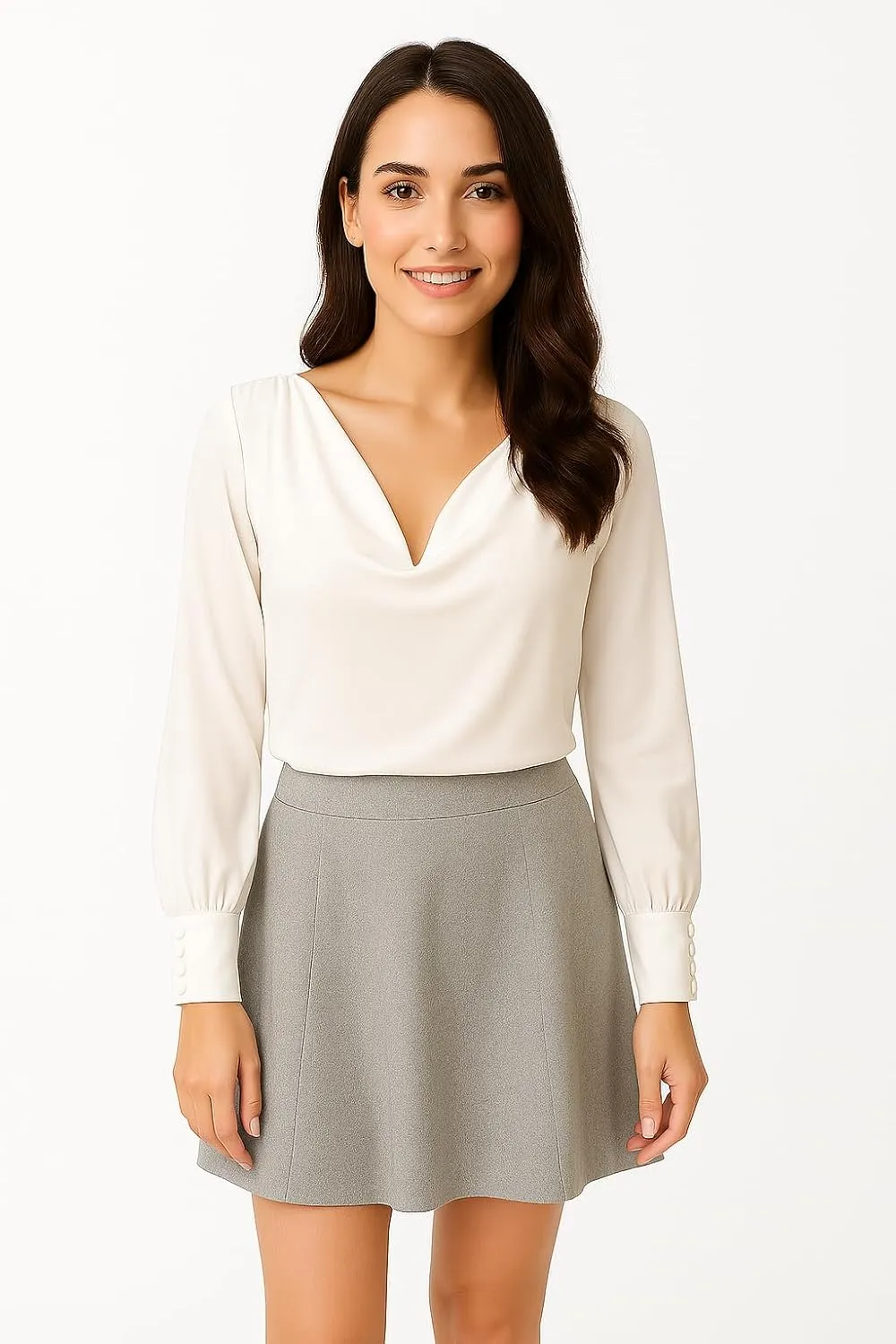 Women's Elegant Cowl Neck Blouse  Long Sleeve, White, 100% Polyester, Perfect for Office, Casual, or Formal Wear.