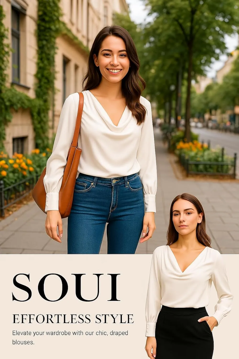 Women's Elegant Cowl Neck Blouse  Long Sleeve, White, 100% Polyester, Perfect for Office, Casual, or Formal Wear.