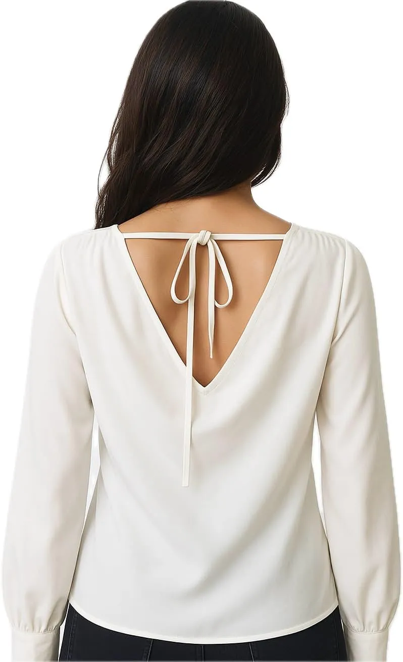 Women's Elegant Cowl Neck Blouse  Long Sleeve, White, 100% Polyester, Perfect for Office, Casual, or Formal Wear.