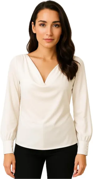 Women's Elegant Cowl Neck Blouse  Long Sleeve, White, 100% Polyester, Perfect for Office, Casual, or Formal Wear.