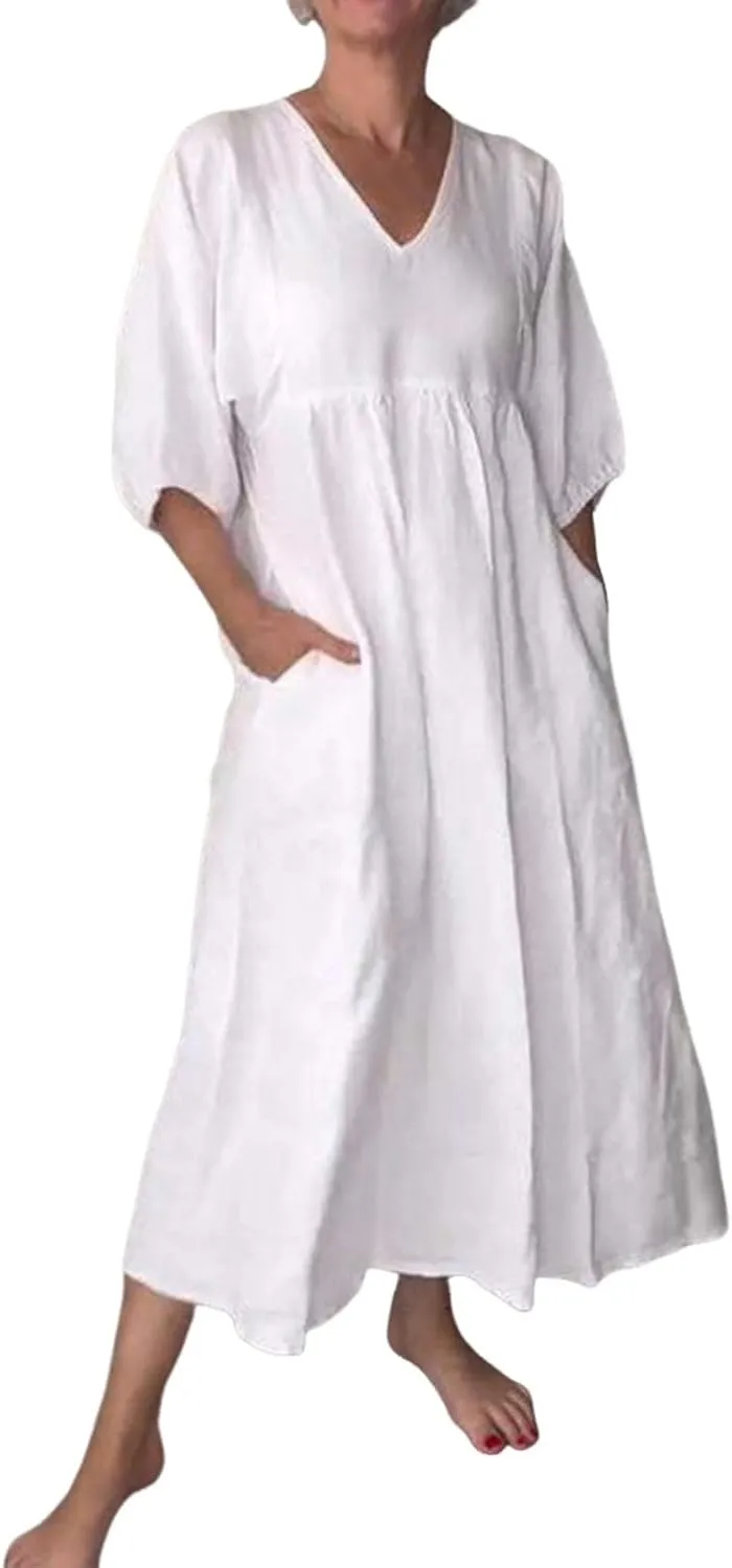 Womens Flowy Cotton and Linen Dress 3/4 Lantern Sleeve Tiered Maxi Loose V Neck Layer Ruffle Hem Casual Pleated Dresses