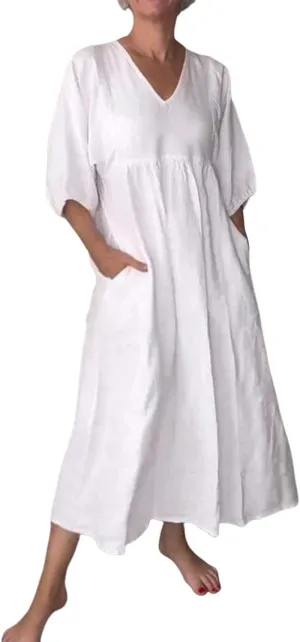 Womens Flowy Cotton and Linen Dress 3/4 Lantern Sleeve Tiered Maxi Loose V Neck Layer Ruffle Hem Casual Pleated Dresses