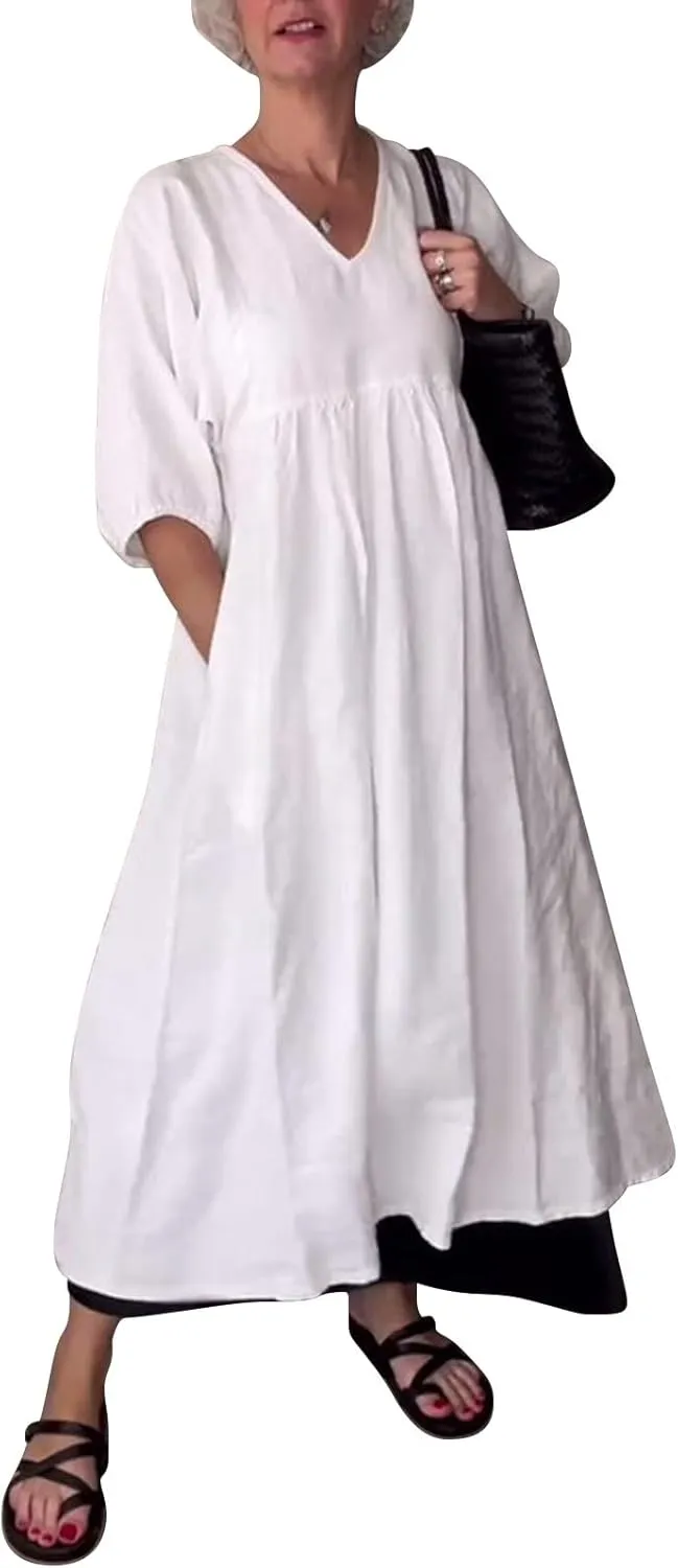 Womens Flowy Cotton and Linen Dress 3/4 Lantern Sleeve Tiered Maxi Loose V Neck Layer Ruffle Hem Casual Pleated Dresses