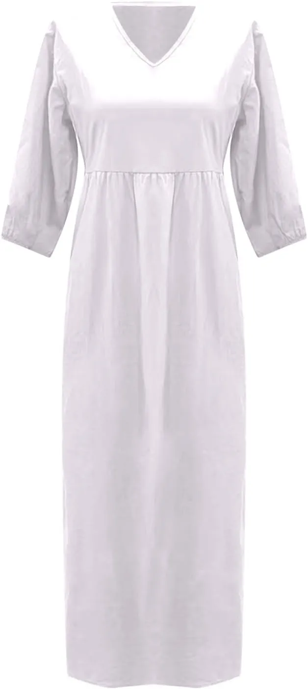 Womens Flowy Cotton and Linen Dress 3/4 Lantern Sleeve Tiered Maxi Loose V Neck Layer Ruffle Hem Casual Pleated Dresses
