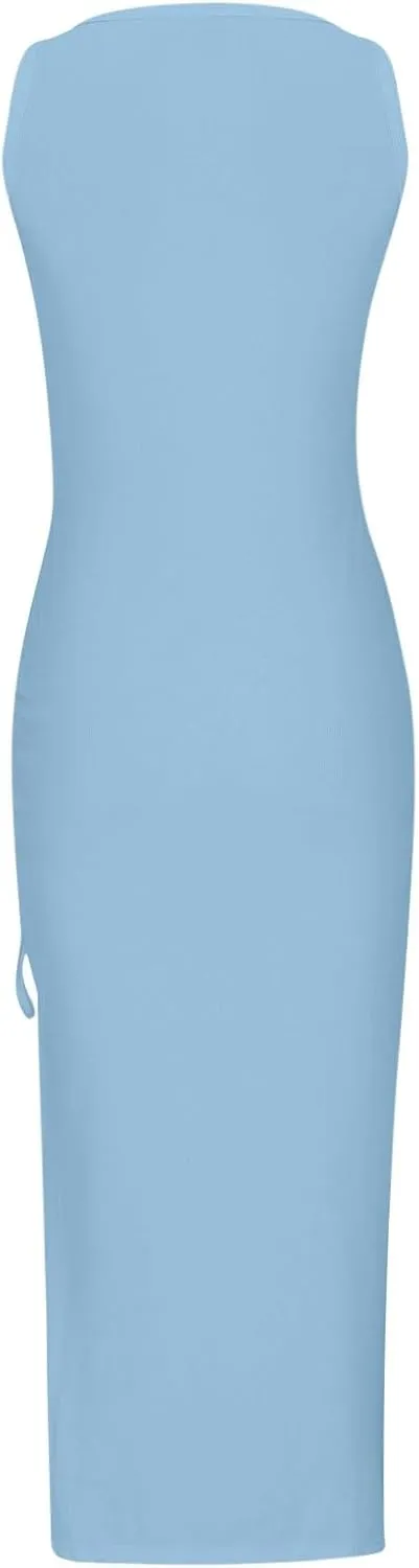 Womens Sexy Side Slit Draw/String Ruched Bodycon Casual Sun Maxi Dresses Sleeveless Ribbed Knit Tank Dress