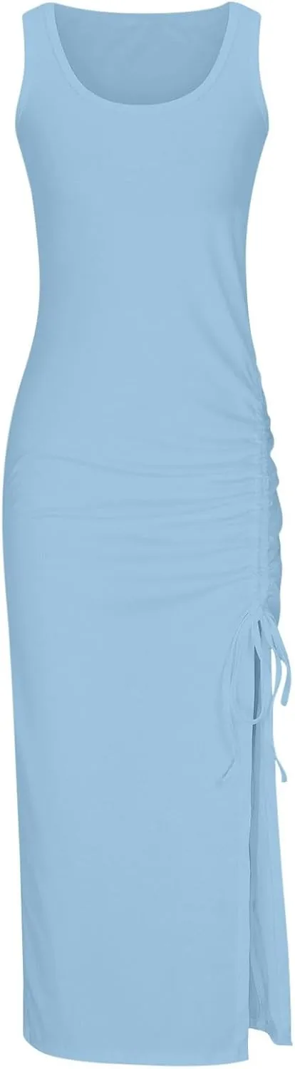 Womens Sexy Side Slit Draw/String Ruched Bodycon Casual Sun Maxi Dresses Sleeveless Ribbed Knit Tank Dress