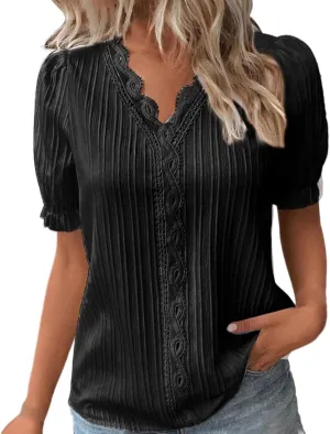 Women's Summer Tops Elegant Lace V Neck Short Sleeve Solid Plain Shirt Trendy Fashion Casual Top for Ladies