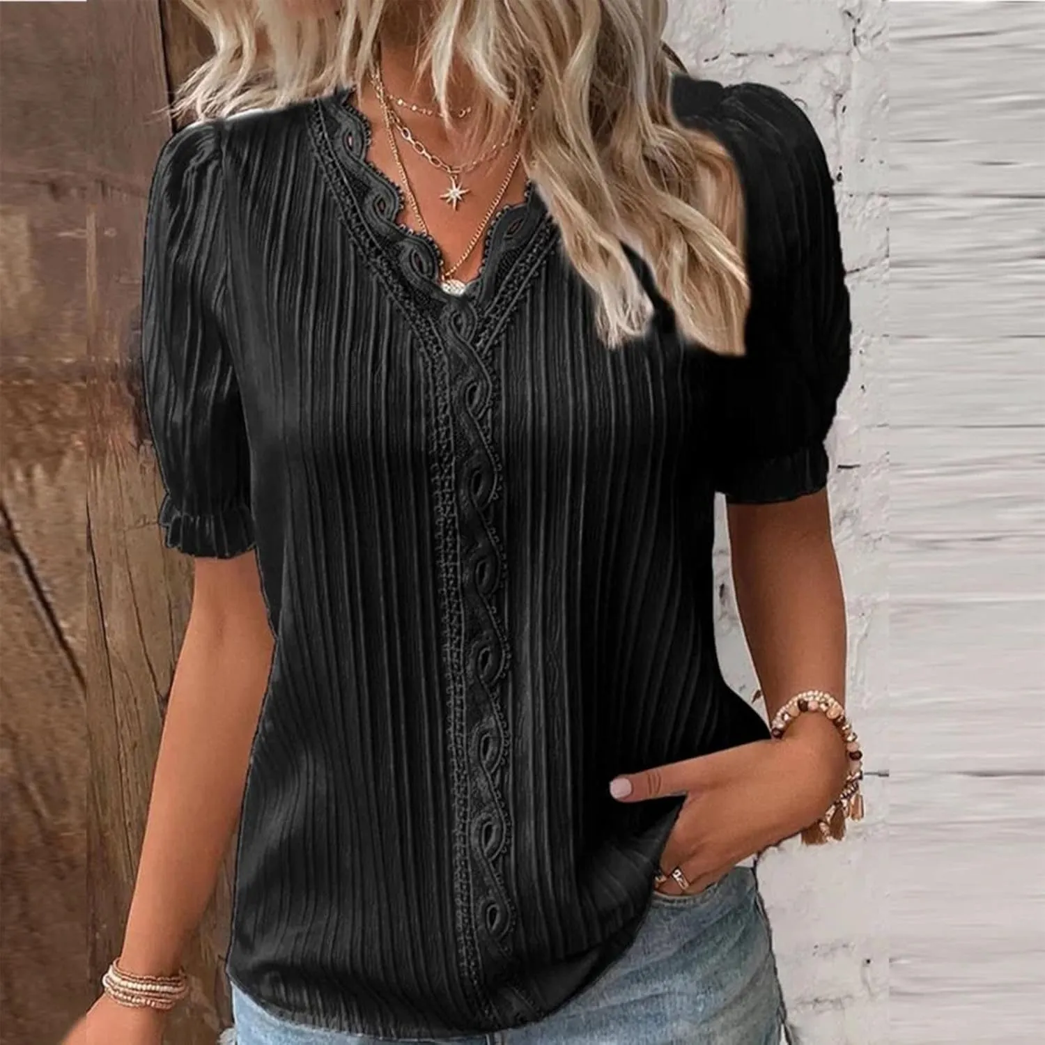 Women's Summer Tops Elegant Lace V Neck Short Sleeve Solid Plain Shirt Trendy Fashion Casual Top for Ladies