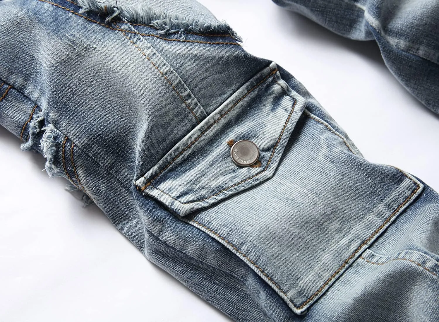 XIMXIMMTIAN Men's Biker Moto Washed Distressed Slim Fit Straight Jeans Denim