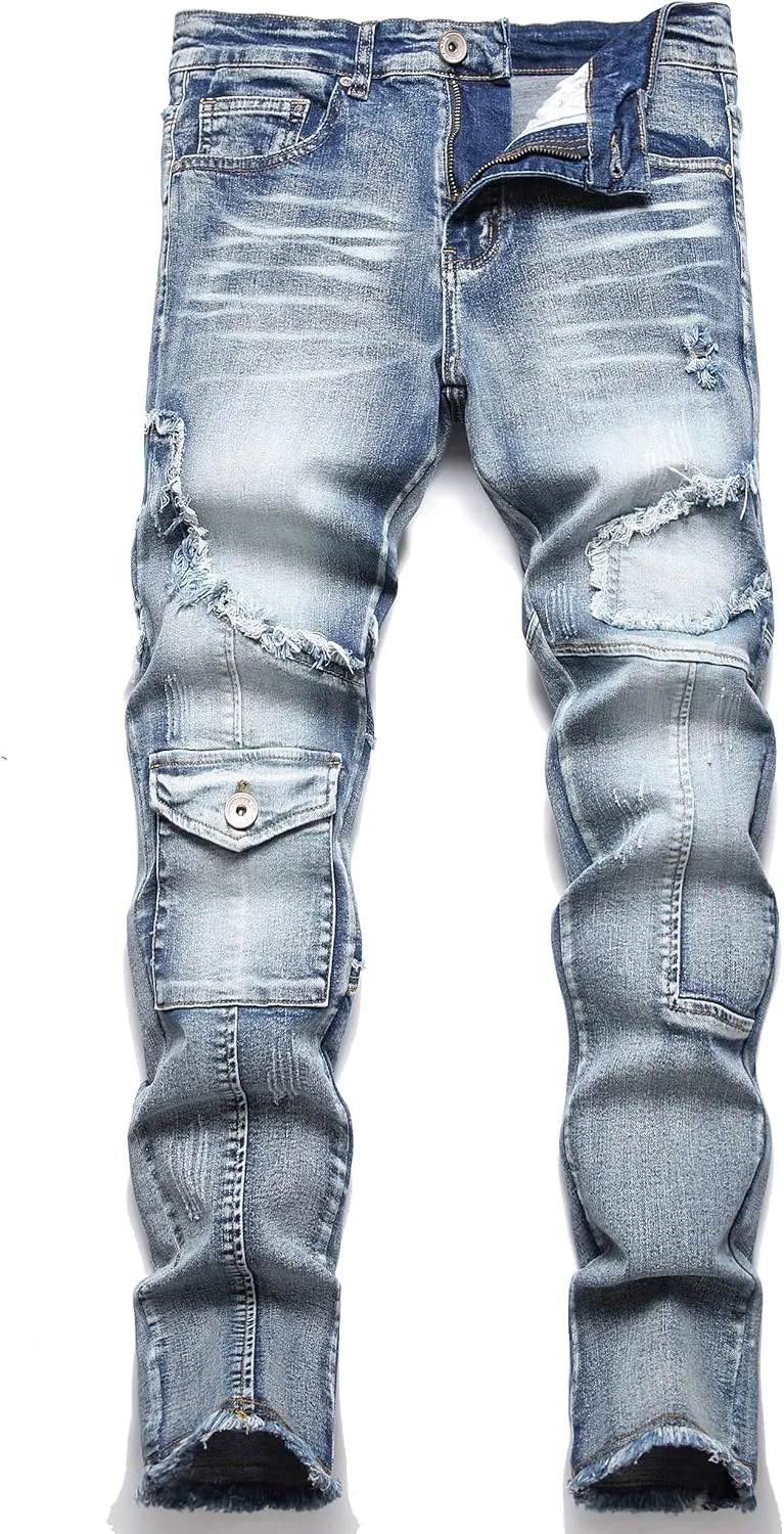 XIMXIMMTIAN Men's Biker Moto Washed Distressed Slim Fit Straight Jeans Denim