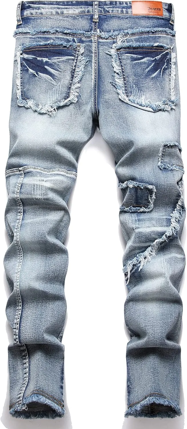 XIMXIMMTIAN Men's Biker Moto Washed Distressed Slim Fit Straight Jeans Denim