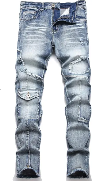XIMXIMMTIAN Men's Biker Moto Washed Distressed Slim Fit Straight Jeans Denim