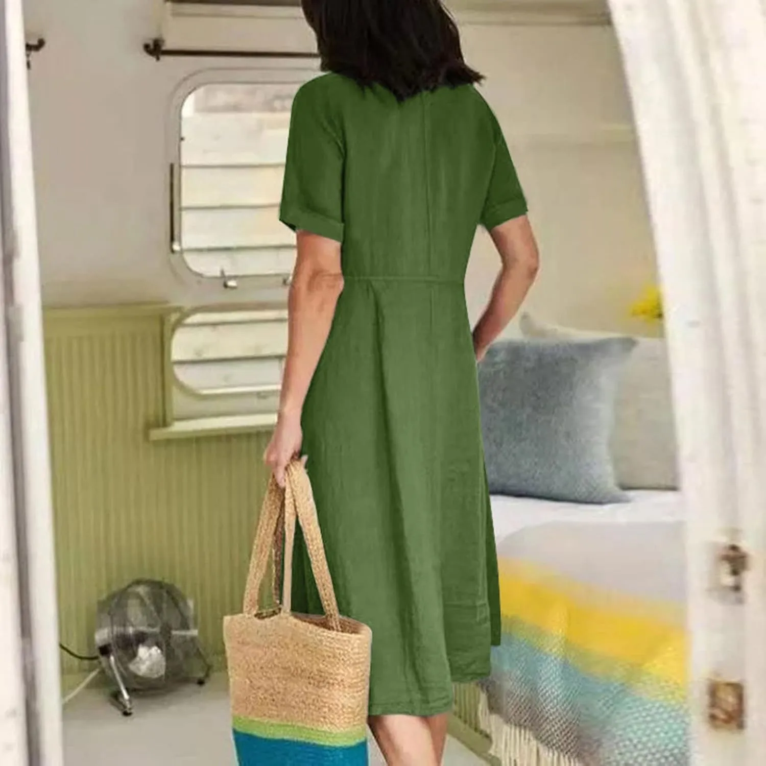 XUNRYAN 2025 Summer Dresses Women Cotton Linen Button Down Short Sleeve Midi Dress w Pockets Casual V-Neck Empire Waist Gown