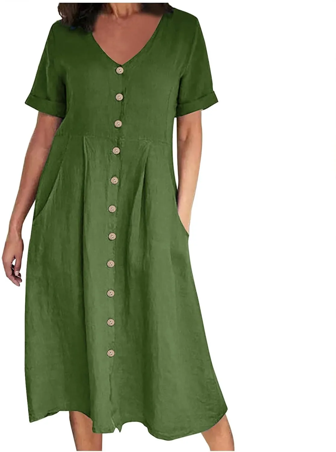 XUNRYAN 2025 Summer Dresses Women Cotton Linen Button Down Short Sleeve Midi Dress w Pockets Casual V-Neck Empire Waist Gown