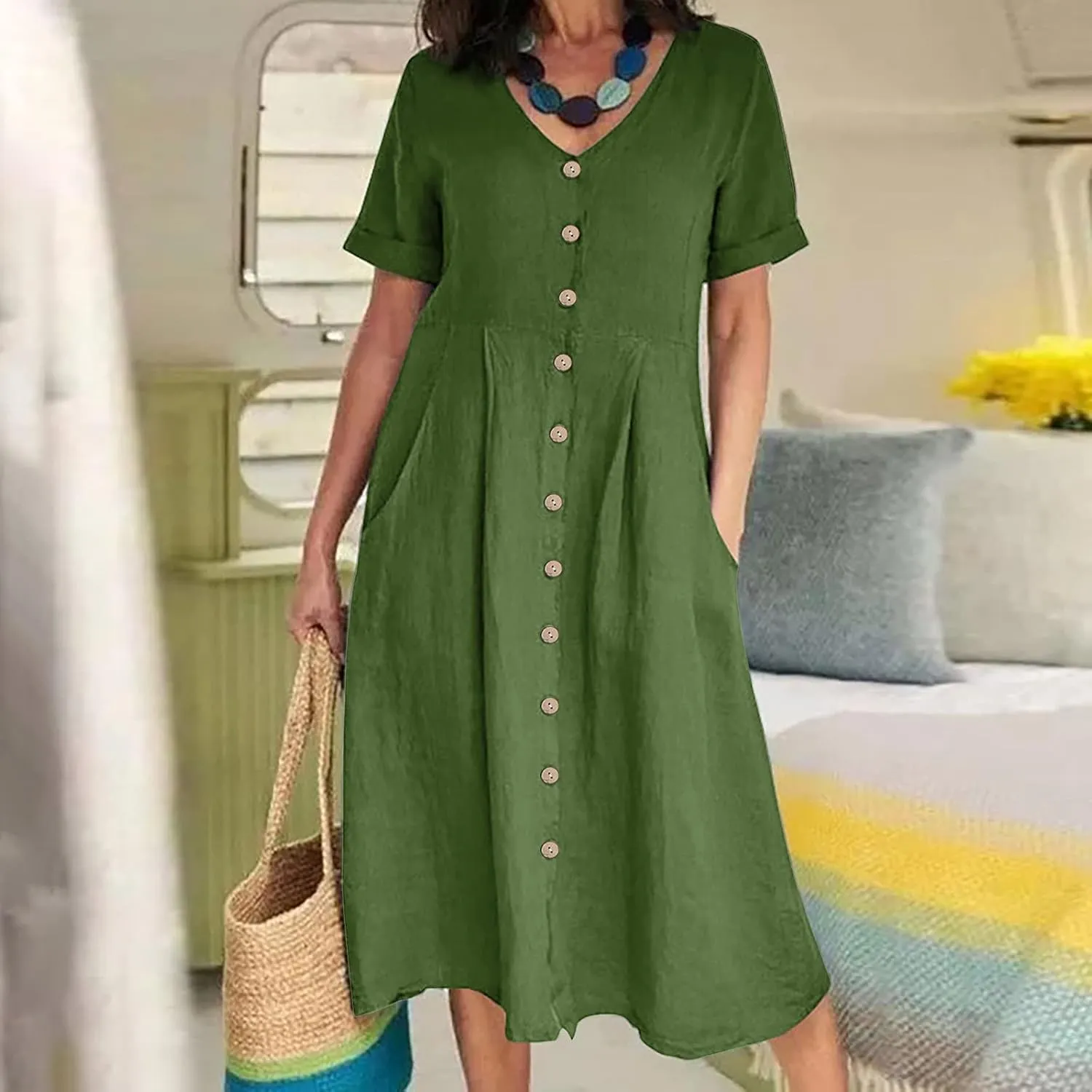 XUNRYAN 2025 Summer Dresses Women Cotton Linen Button Down Short Sleeve Midi Dress w Pockets Casual V-Neck Empire Waist Gown