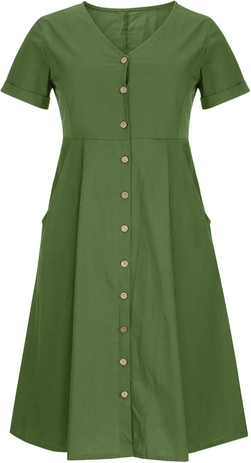 XUNRYAN 2025 Summer Dresses Women Cotton Linen Button Down Short Sleeve Midi Dress w Pockets Casual V-Neck Empire Waist Gown