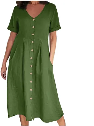 XUNRYAN 2025 Summer Dresses Women Cotton Linen Button Down Short Sleeve Midi Dress w Pockets Casual V-Neck Empire Waist Gown