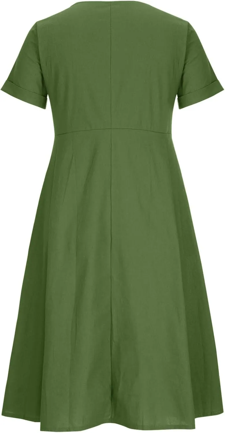 XUNRYAN 2025 Summer Dresses Women Cotton Linen Button Down Short Sleeve Midi Dress w Pockets Casual V-Neck Empire Waist Gown