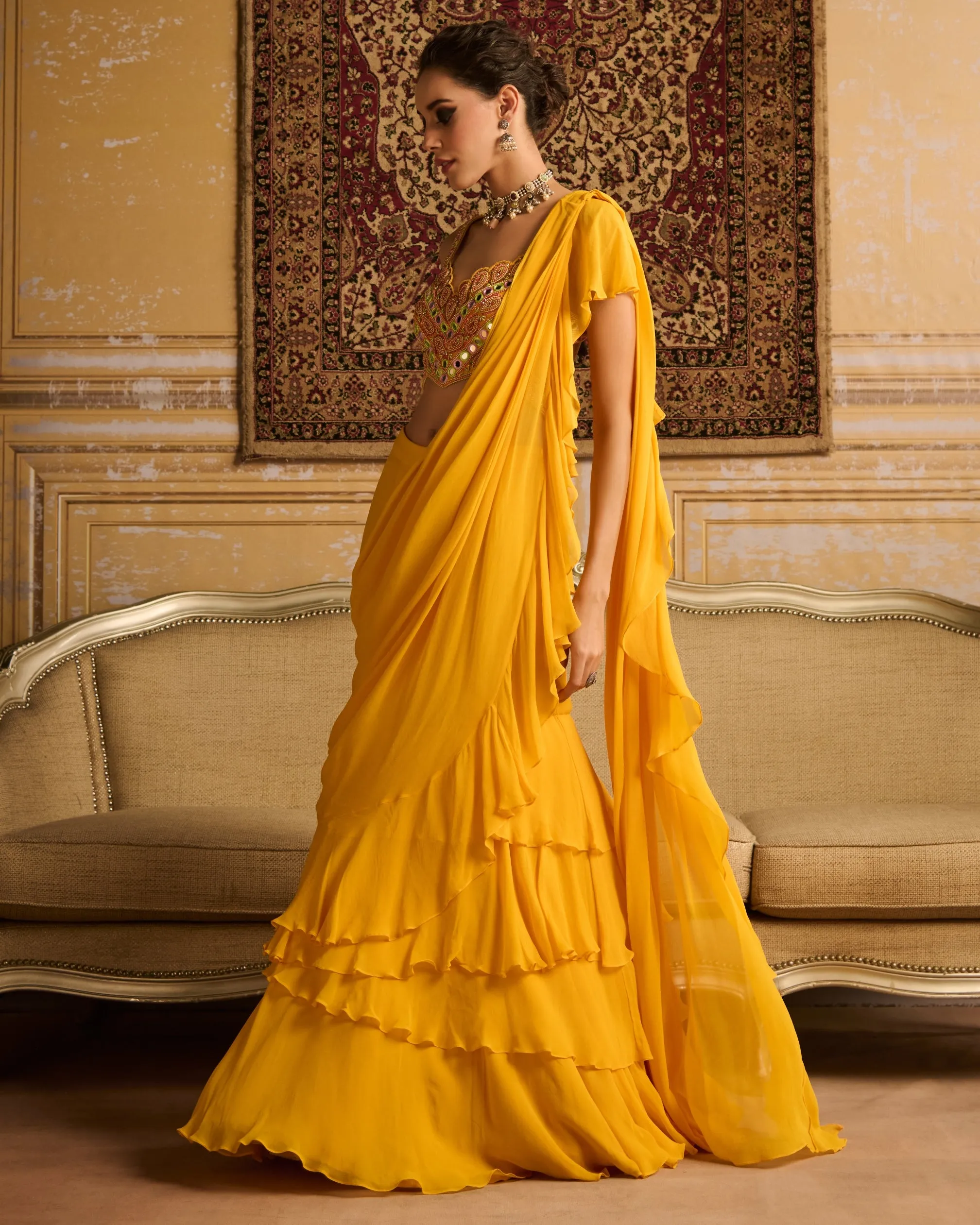 Yellow Embroidered Blouse And Skirt Sari Set